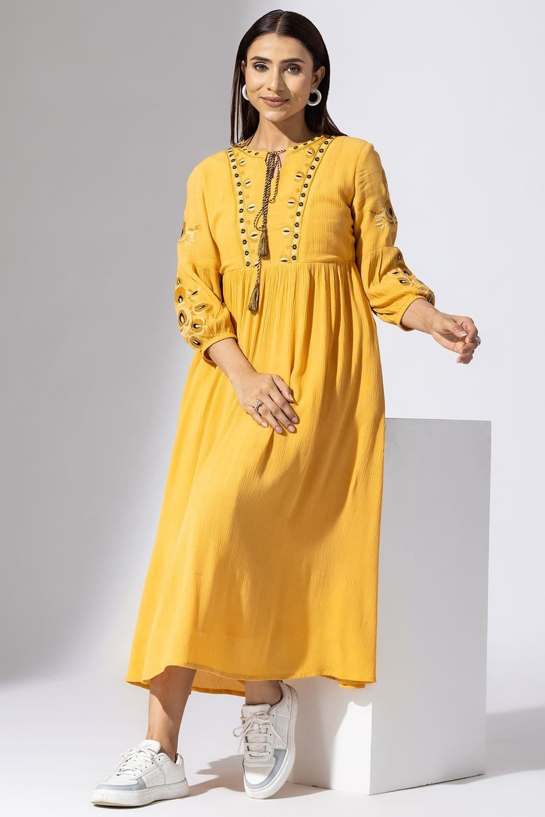 Cut-Out Mustard Midi Dress With Tassels Cut-Out Mustard Midi Dress With Tassels — Trendy Mustard Dress