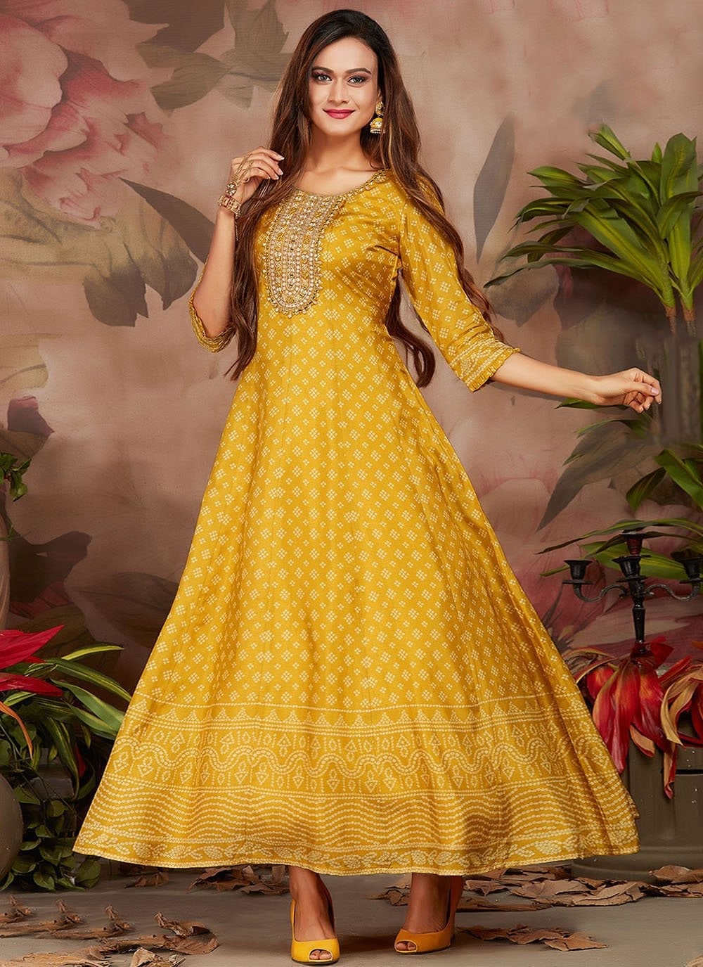 Embellished Mustard Gown With Geometric Print Embellished Mustard Gown With Geometric Print — Trendy Mustard Dress