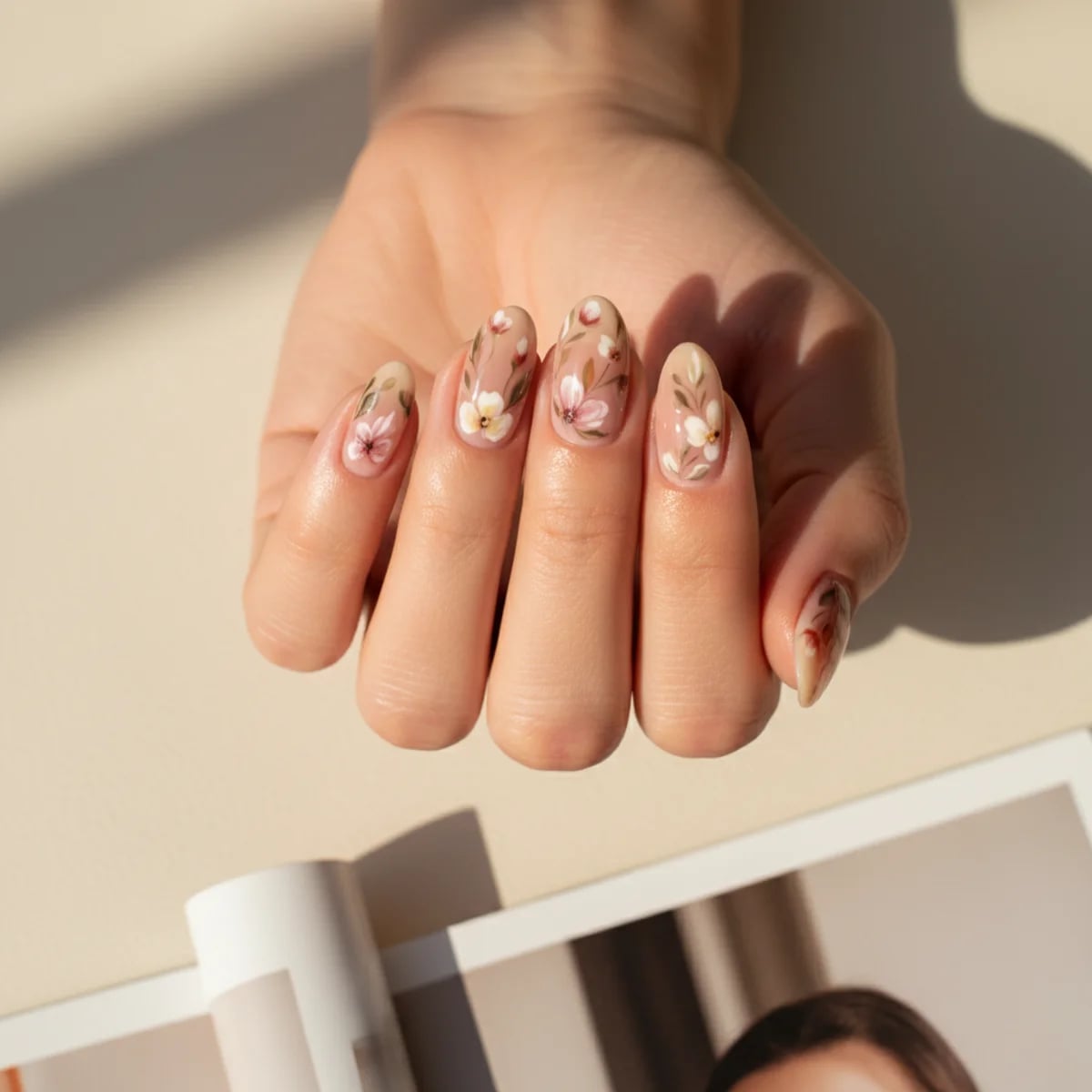Short Oval Sheer Nude With Painted Flowers Short Oval Sheer Nude With Painted Flowers — Trendy Natural Nails