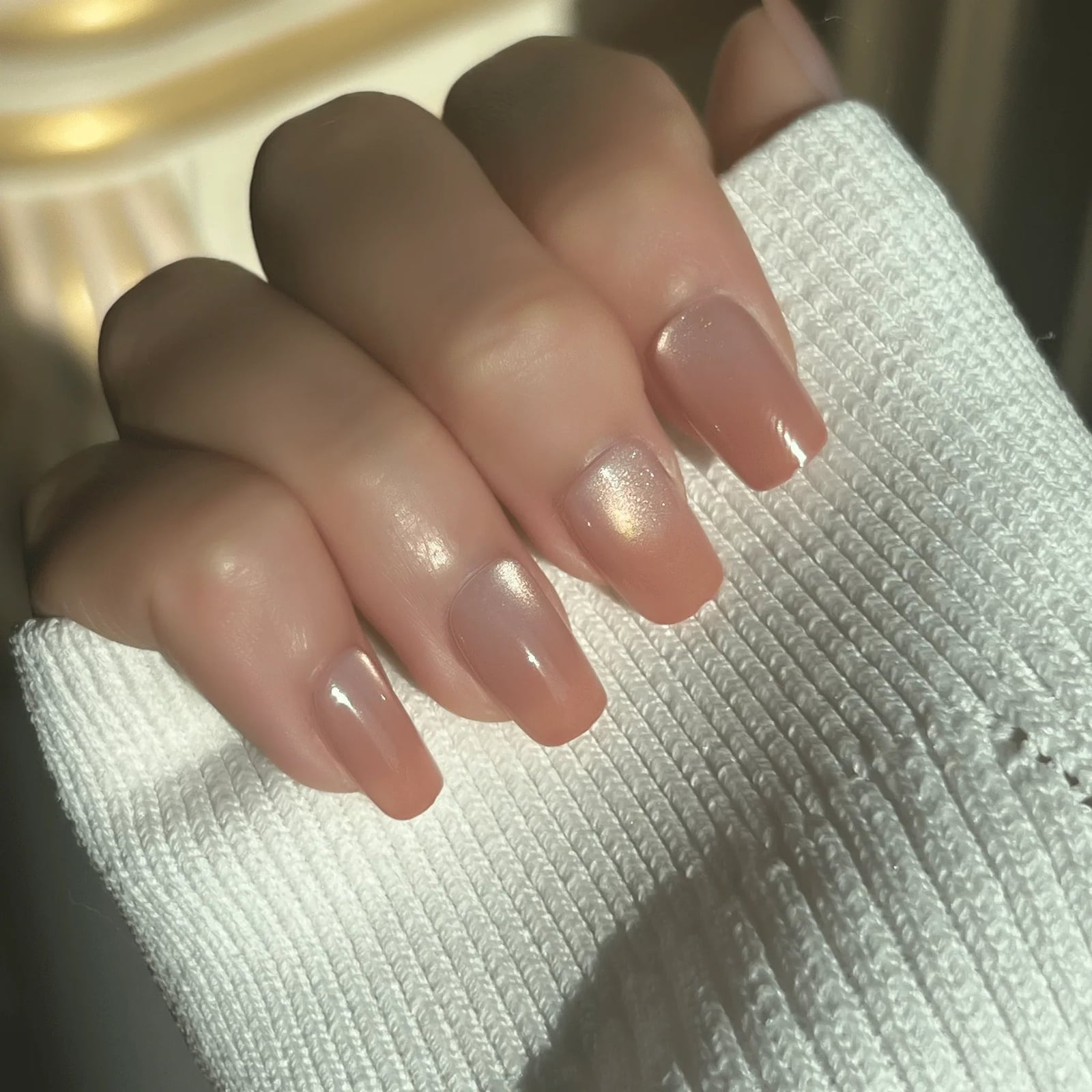 Medium Square Peachy Nude Shimmer Nails Medium Square Peachy Nude Shimmer Nails — Trendy Natural Nails