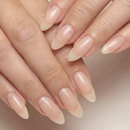 Medium Almond Sheer Nude Glossy Nails, Close-Up Take Medium Almond Sheer Nude Glossy Nails, Close-Up Take — Trendy Natural Nails