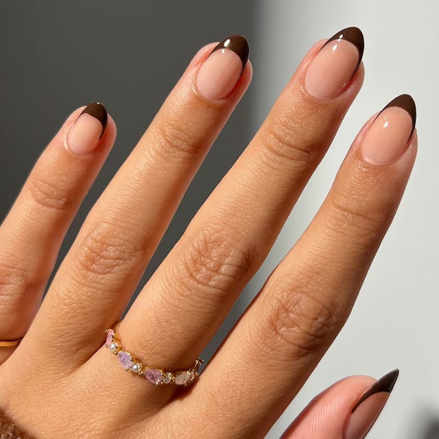 Short Almond Dark Brown French Tip Nails Short Almond Dark Brown French Tip Nails — Trendy Natural Nails