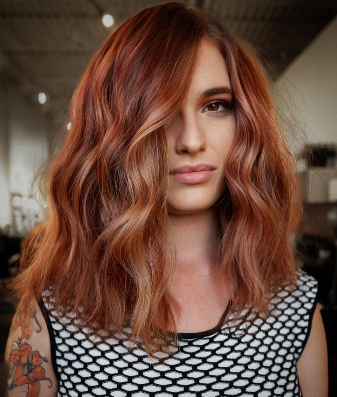 Warm Ginger Balayage With Side-Swept Bangs Warm Ginger Balayage With Side-Swept Bangs — Trendy Natural Red Hair