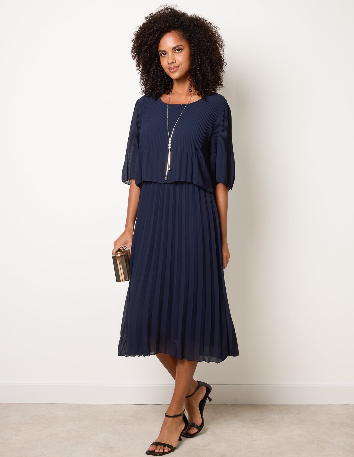 Pleated Navy Midi Dress With Pendant Necklace — Trendy Navy Blue Outfits