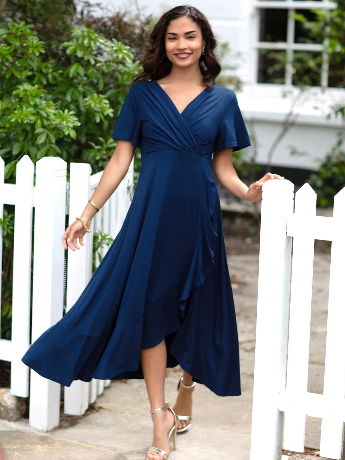 Navy Wrap Dress With Flutter Sleeves And Ruffled Hem — Trendy Navy Blue Outfits