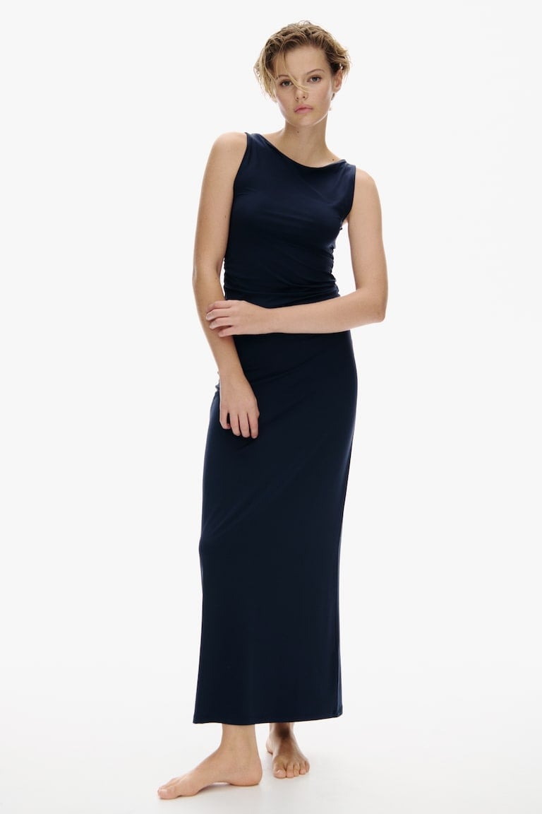 Sleeveless Navy Maxi Dress With Boat Neckline — Trendy Navy Blue Outfits