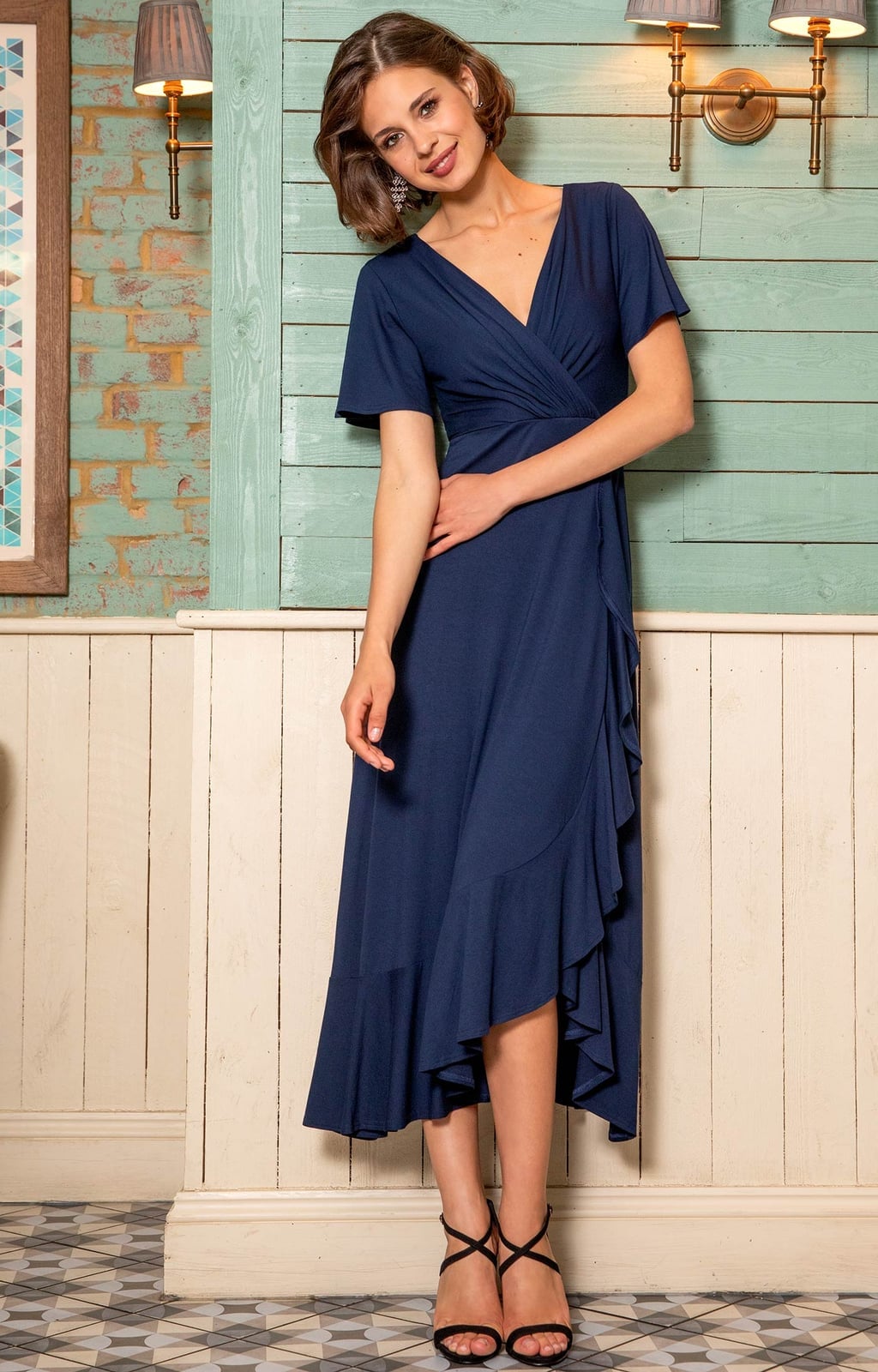 Fitted Navy Wrap Dress With Asymmetrical Ruffled Hem — Trendy Navy Blue Outfits