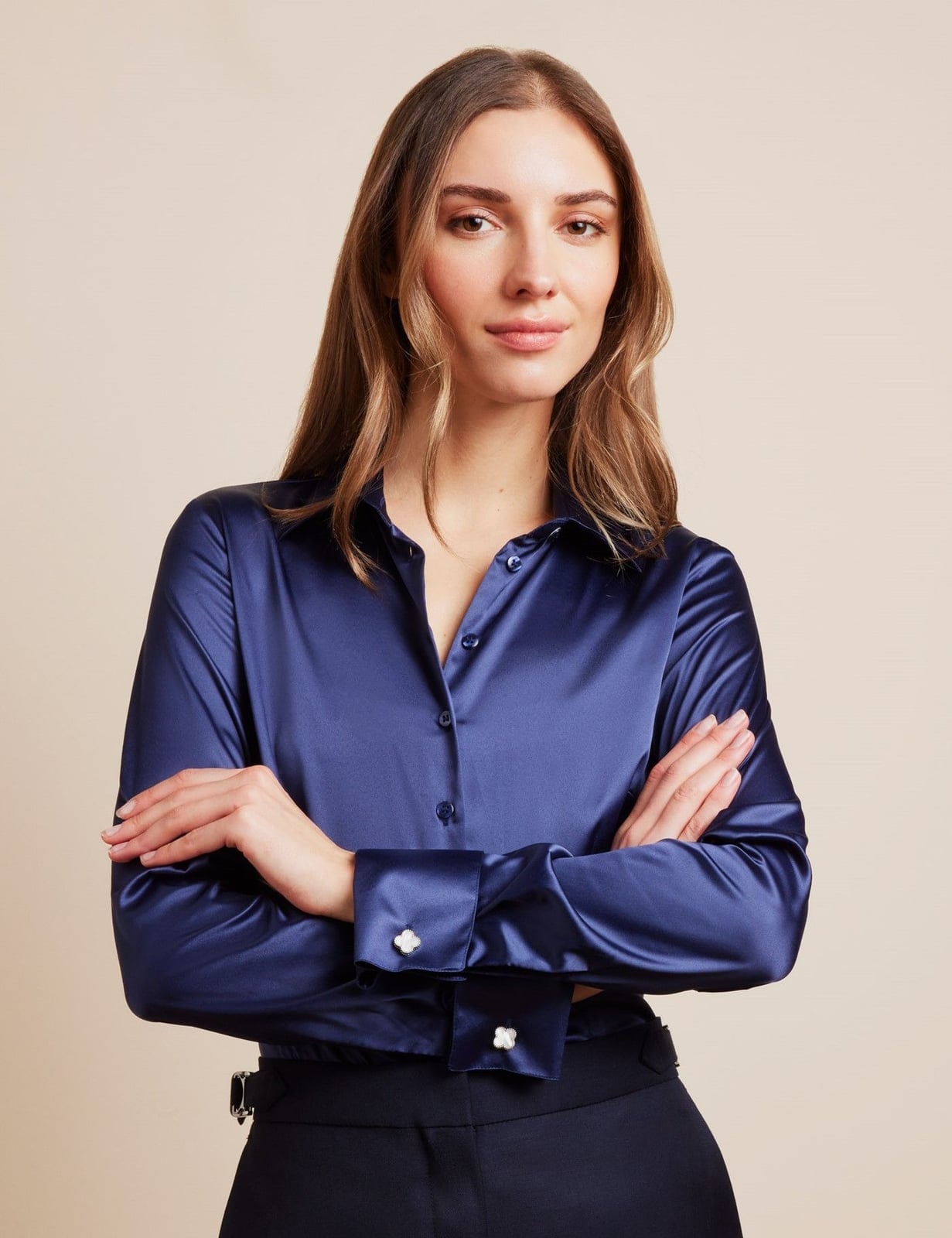 Fitted Navy Satin Shirt With Double Cuffs — Trendy Navy Blue Outfits