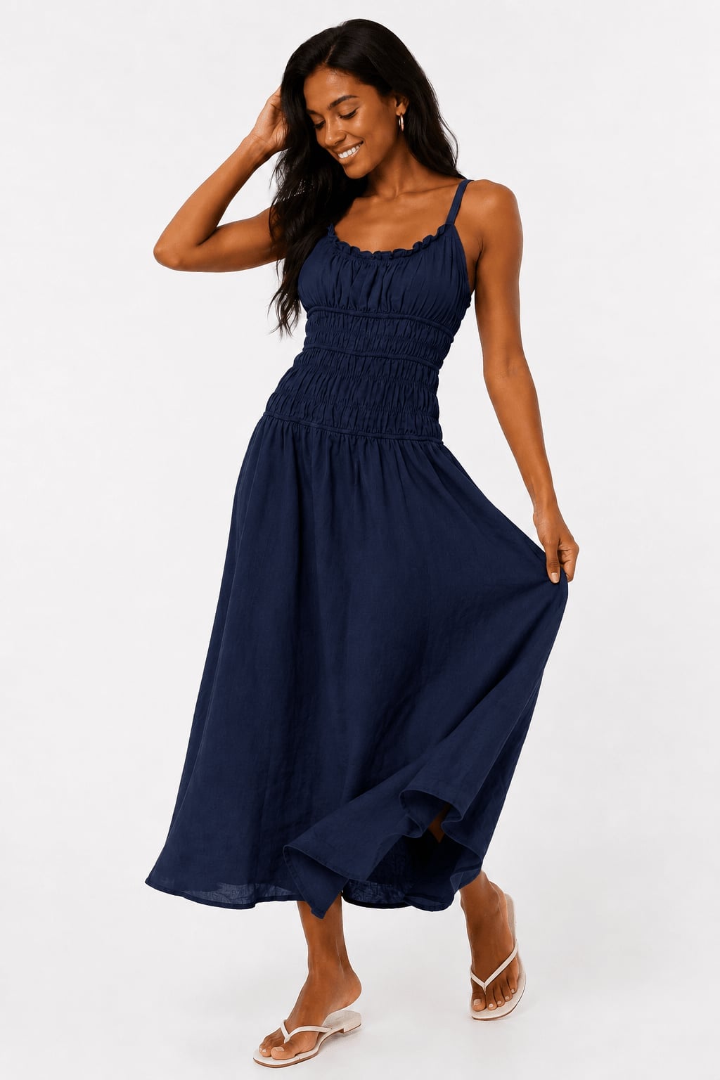Navy Linen Midi Dress With Smocked Bodice — Trendy Navy Blue Outfits
