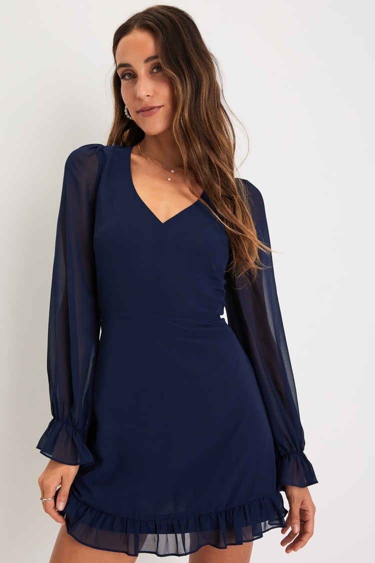 Navy Mini Dress With Sheer Ruffled Sleeves And Hem — Trendy Navy Blue Outfits