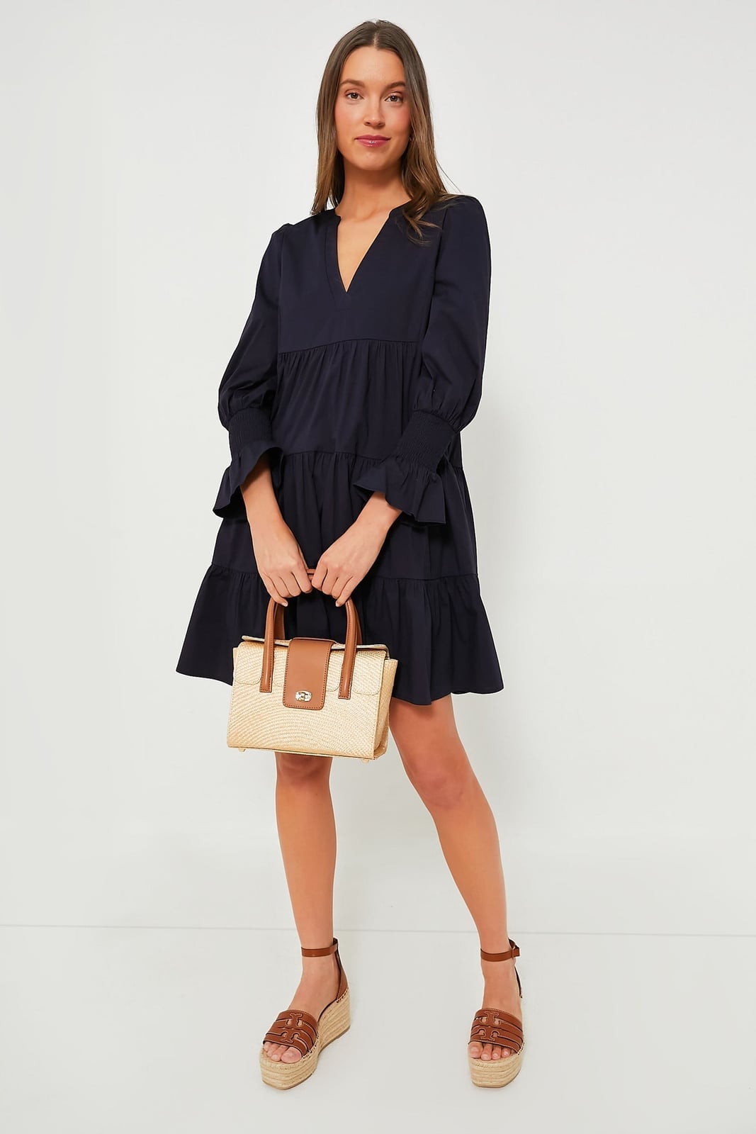 Navy Tiered Midi Dress With Espadrille Sandals — Trendy Navy Blue Outfits