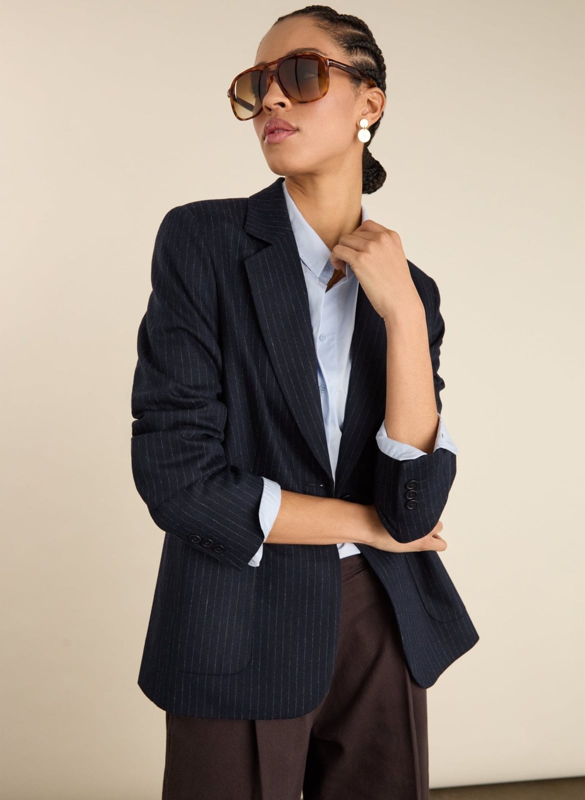 Oversized Navy Pinstripe Blazer With Light Blue Shirt — Trendy Navy Blue Outfits