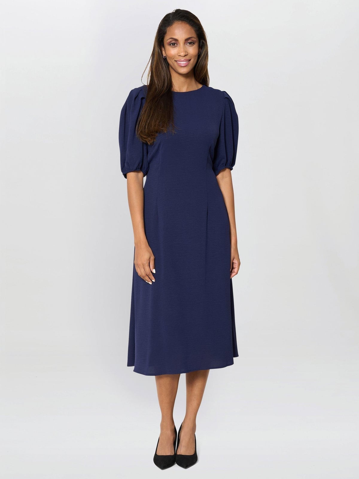 Navy Puff Sleeve Midi Dress With Textured Fabric — Trendy Navy Blue Outfits