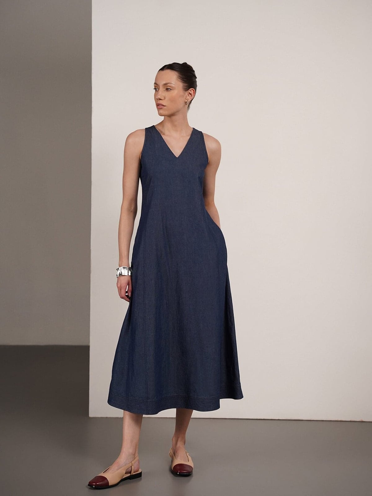 Dark Blue Denim A-Line Midi Dress — Trendy Navy Blue Outfits
