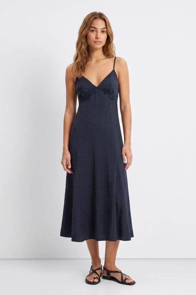 Navy Satin Slip Dress With Lace Trim — Trendy Navy Blue Outfits
