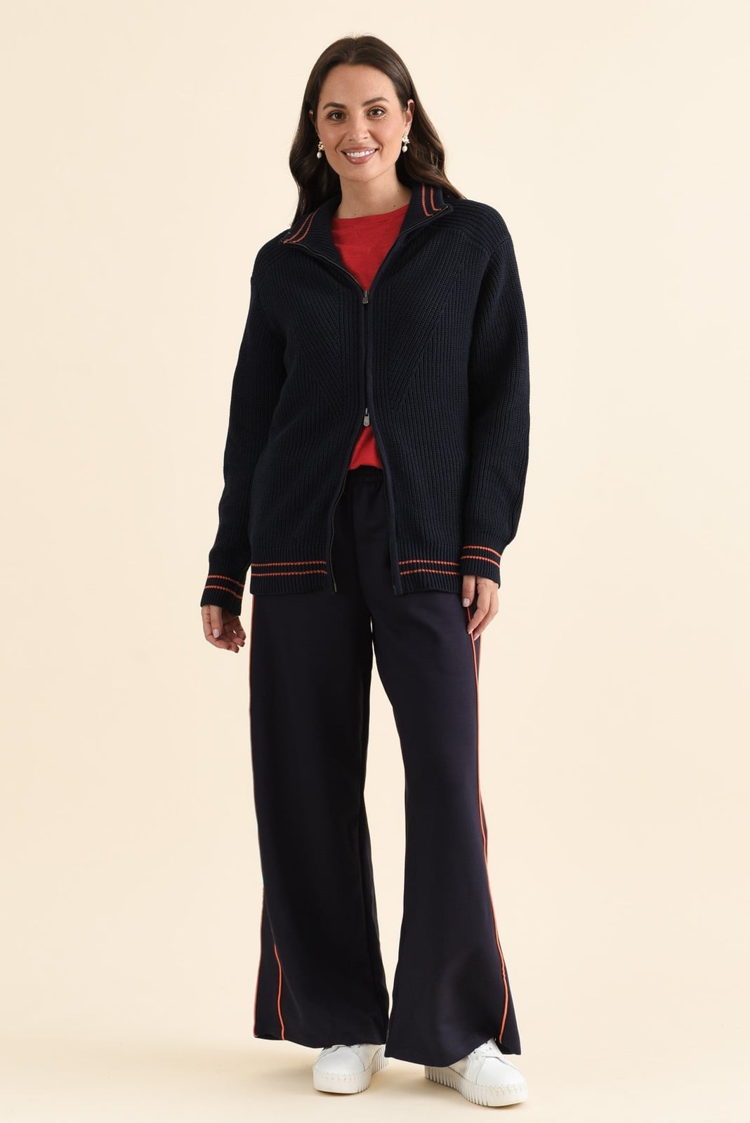 Navy Cardigan With Striped Trim Over Red T-Shirt — Trendy Navy Blue Outfits