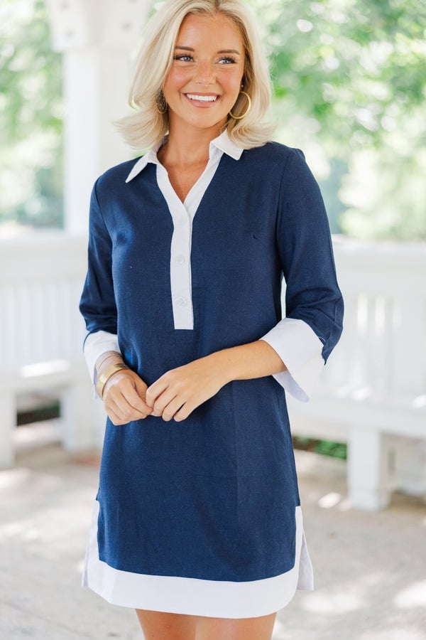 Navy Shift Dress With Contrasting White Collar And Cuffs — Trendy Navy Blue Outfits