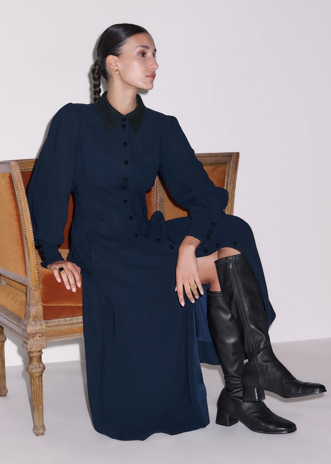 Navy Midi Dress With Textured Collar And Knee-High Boots — Trendy Navy Blue Outfits