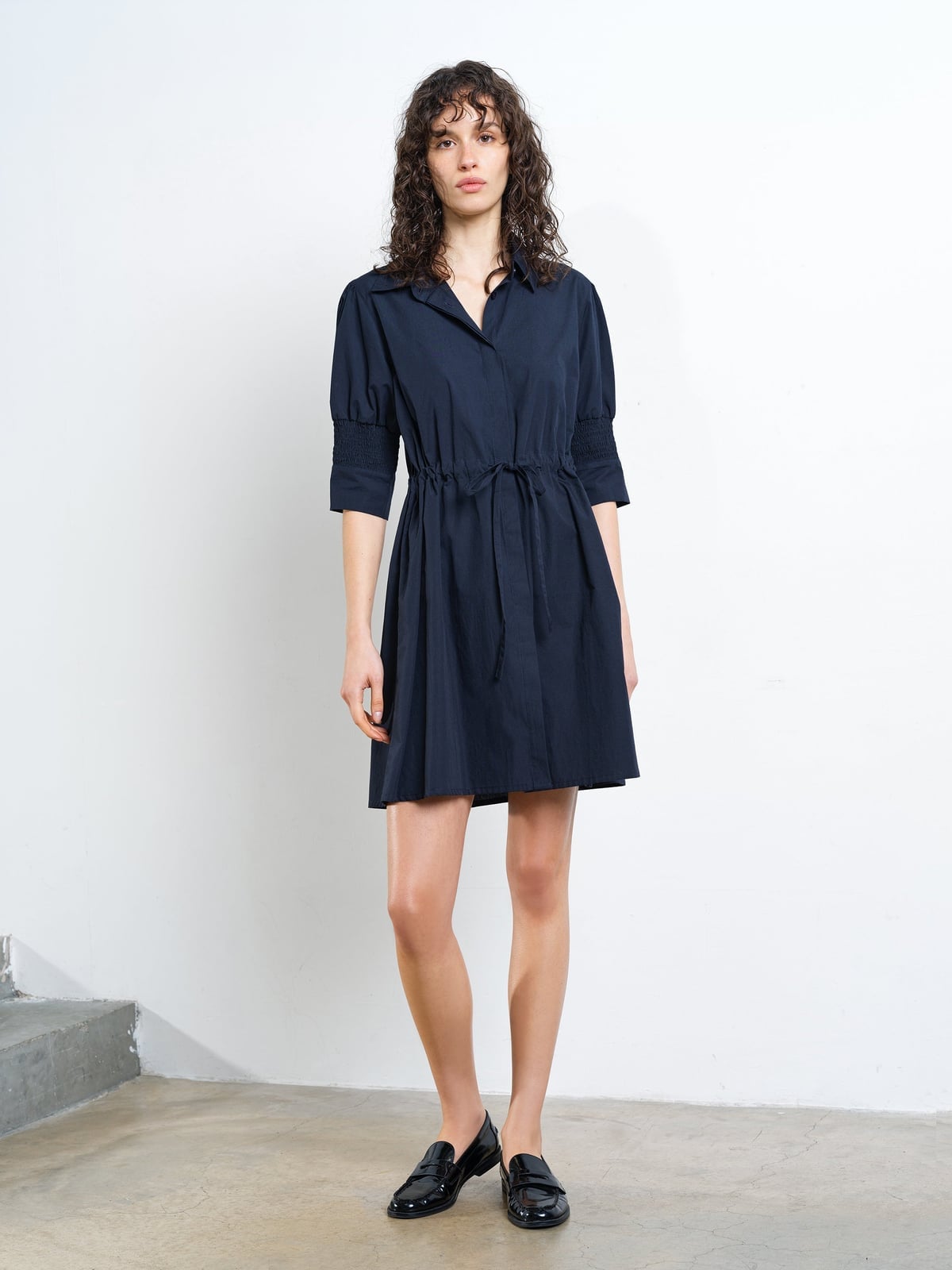 Navy Mini Shirt Dress With Cinched Waist Tie — Trendy Navy Blue Outfits