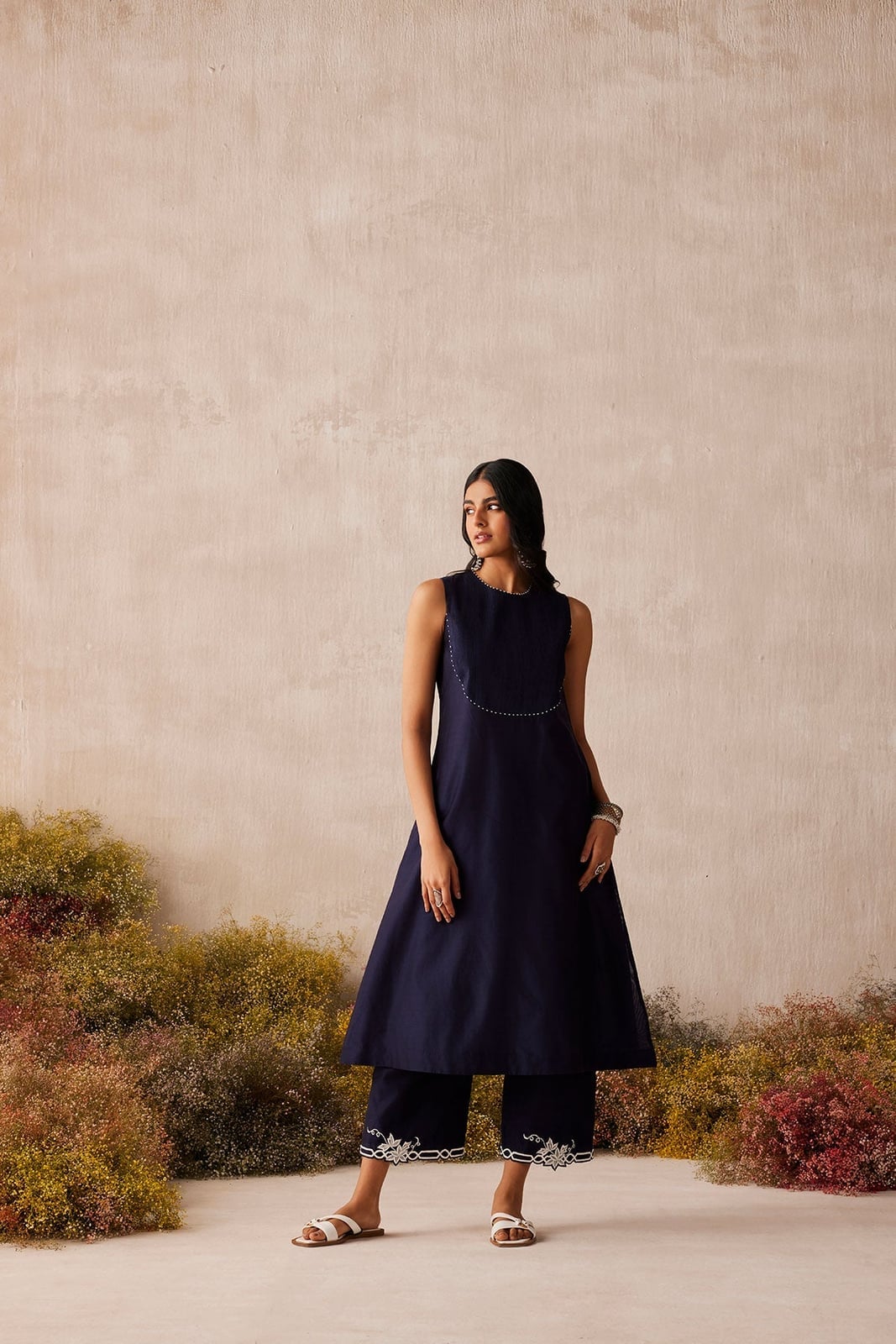 Navy Kurta With Embroidered Trousers And Flat Sandals — Trendy Navy Blue Outfits