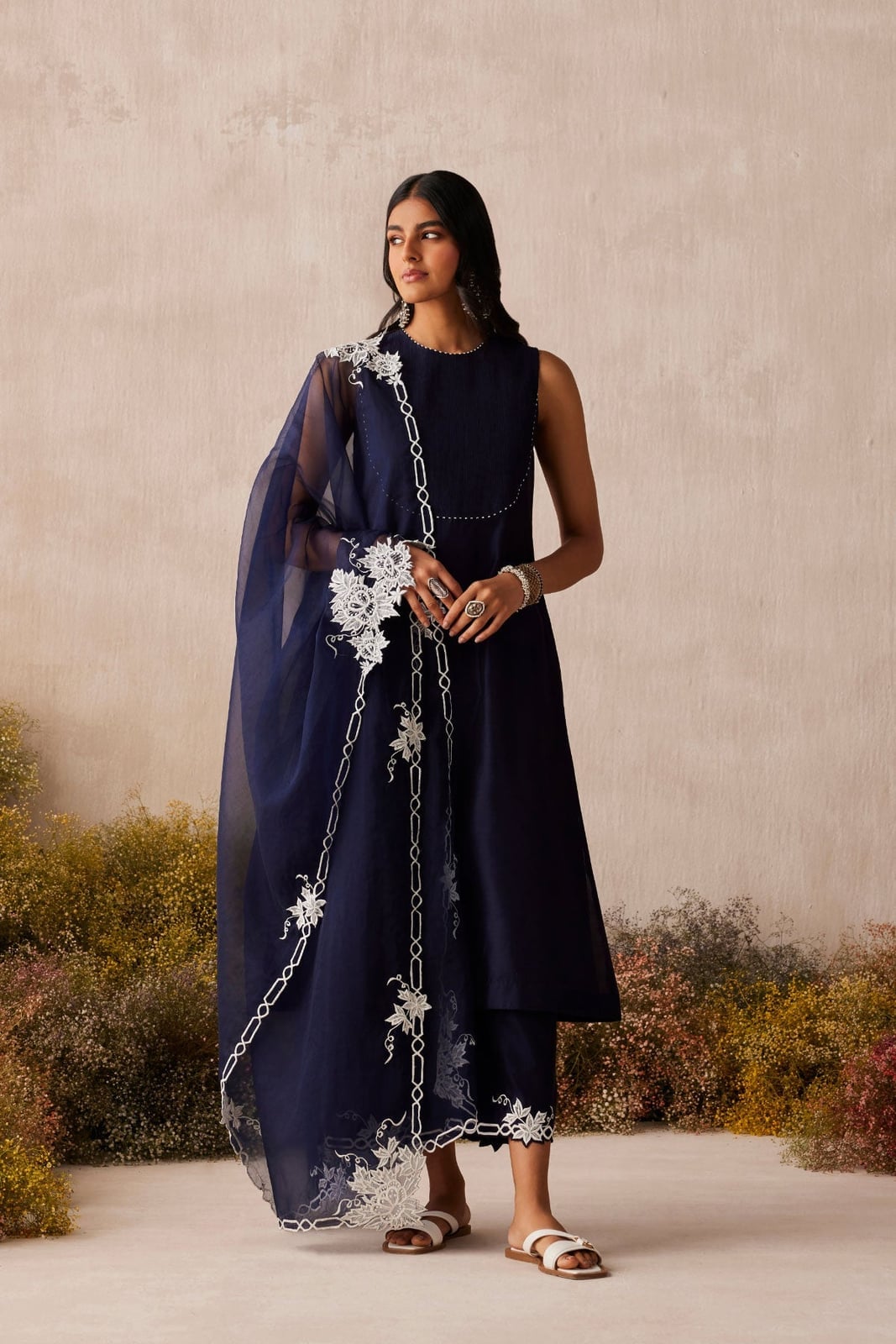 Embellished Navy Kurta Set With Sheer Dupatta — Trendy Navy Blue Outfits