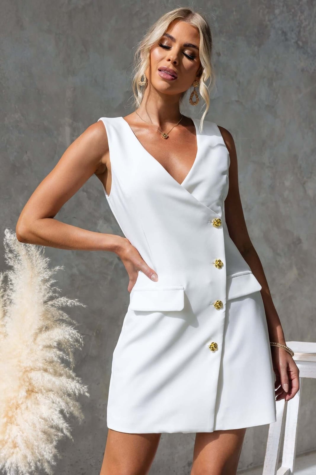 White Sleeveless Blazer Dress With Gold Buttons — Trendy Necklines Dress
