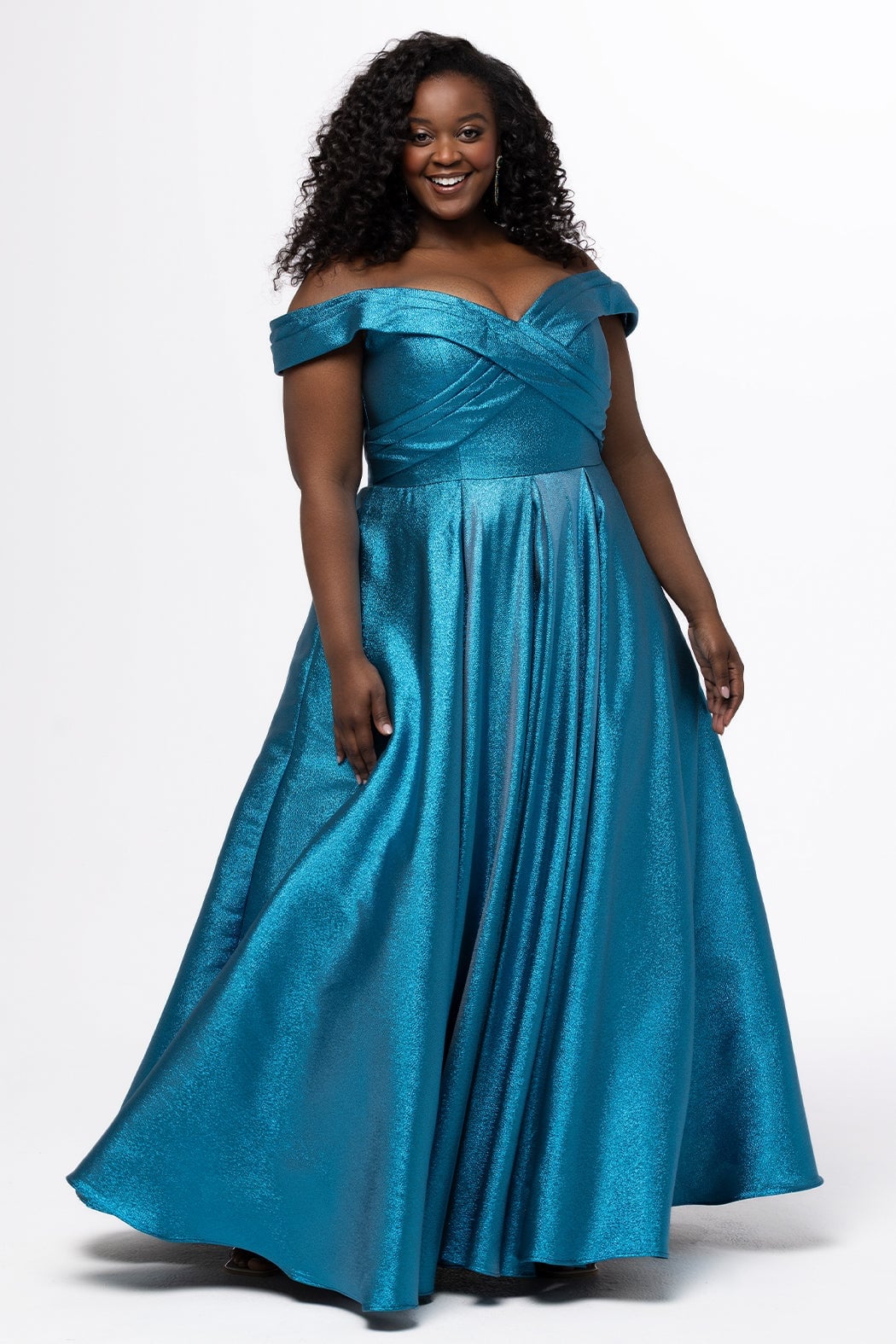 Metallic Teal Off-the-Shoulder A-line Dress — Trendy Necklines Dress