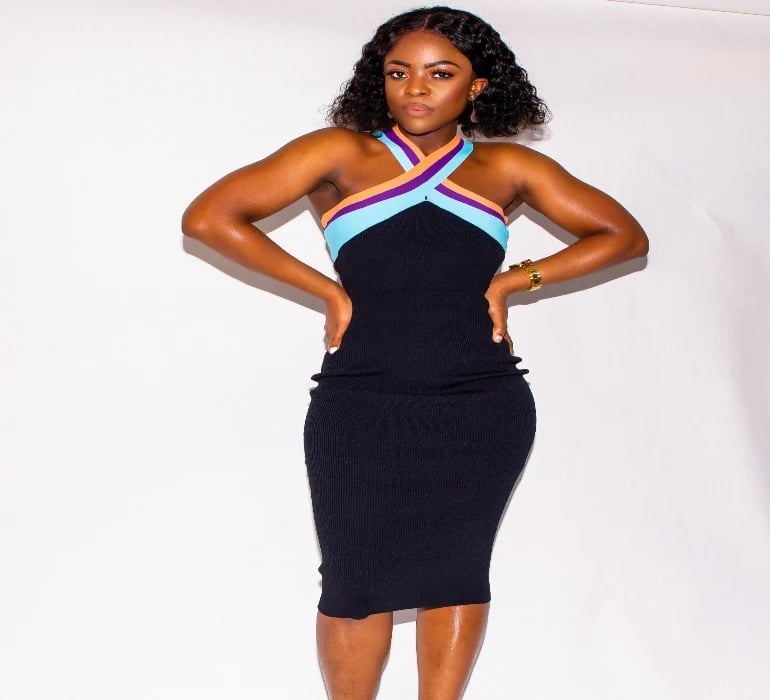 Black Knit Dress With Colorblock Halter Neck — Trendy Necklines Dress