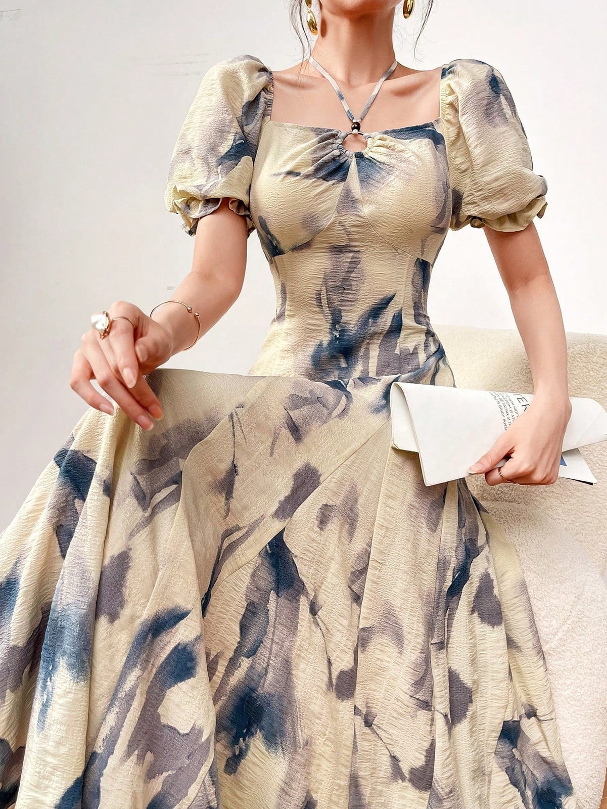 Floral Print Keyhole Neck Dress With Puff Sleeves — Trendy Necklines Dress