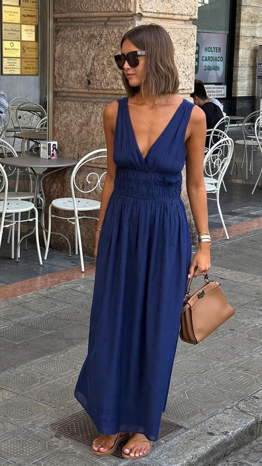 Royal Blue Gauze Maxi Dress With Deep V-Neck — Trendy Necklines Dress