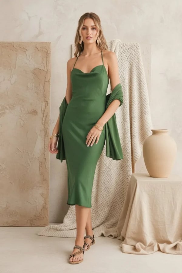 Olive Green Satin Midi Dress With Cowl Neck — Trendy Necklines Dress