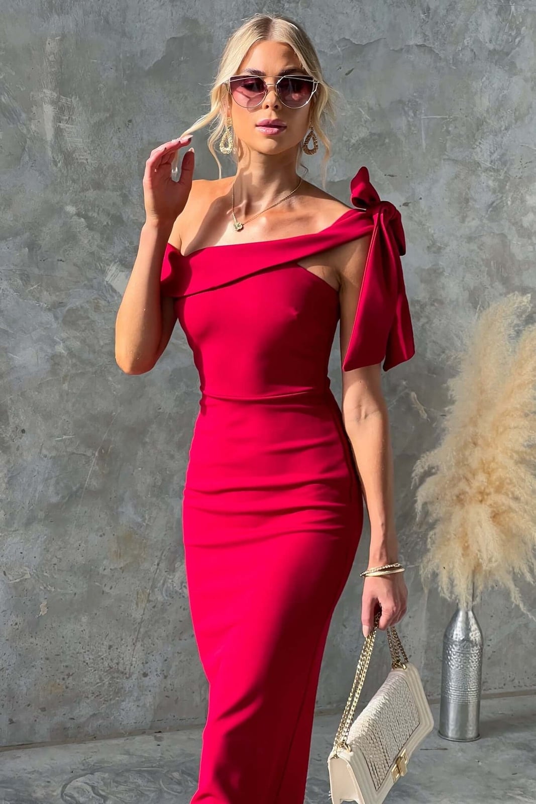 Red Asymmetrical Bow Neck Midi Dress — Trendy Necklines Dress