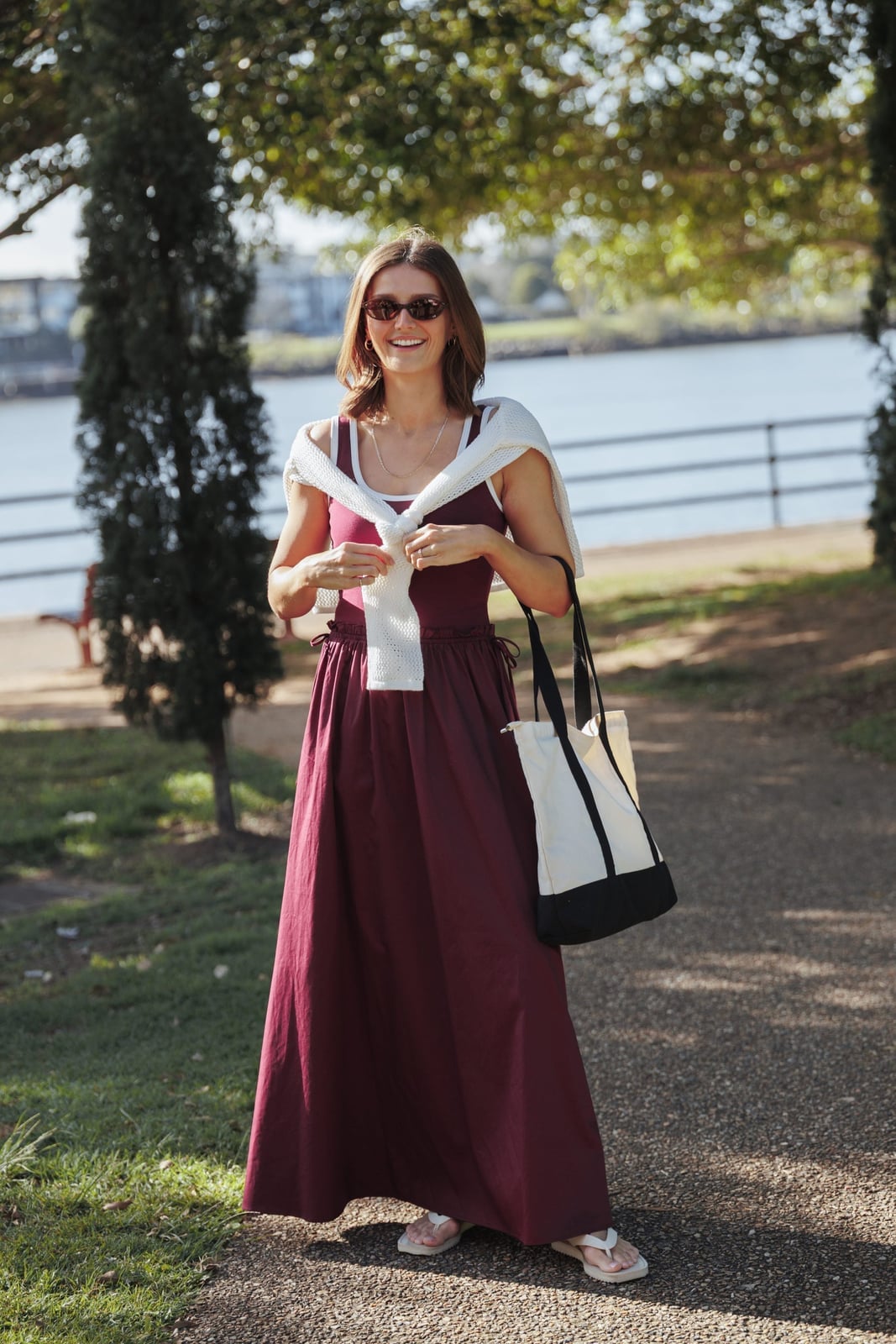 Burgundy Linen Blend Maxi Dress With Sweater Layer — Trendy Necklines Dress