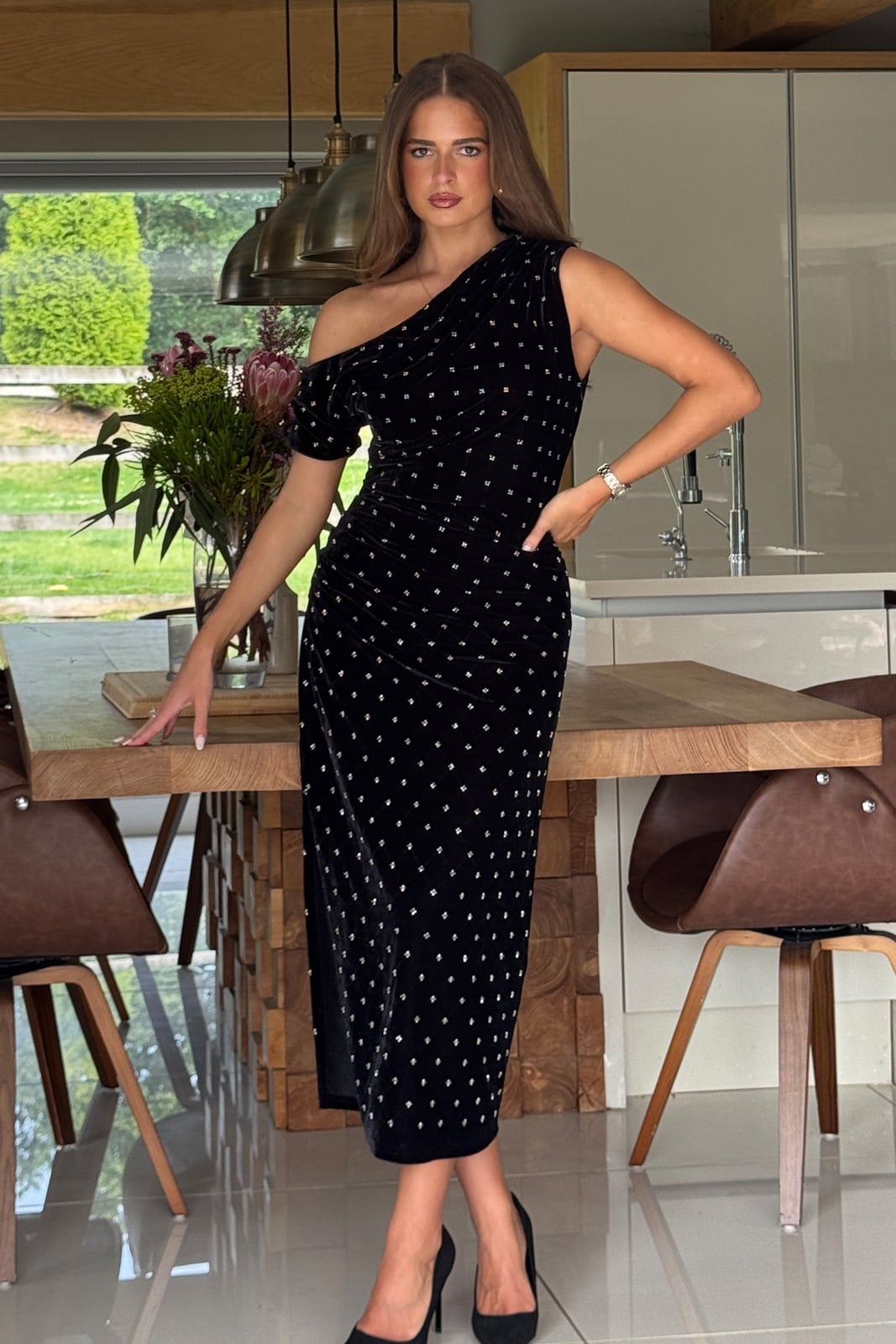 Black One-Shoulder Midi Dress With Beading — Trendy Necklines Dress