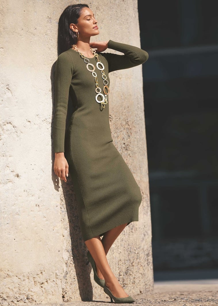 Khaki Knitted Midi Dress With High Neck — Trendy Necklines Dress