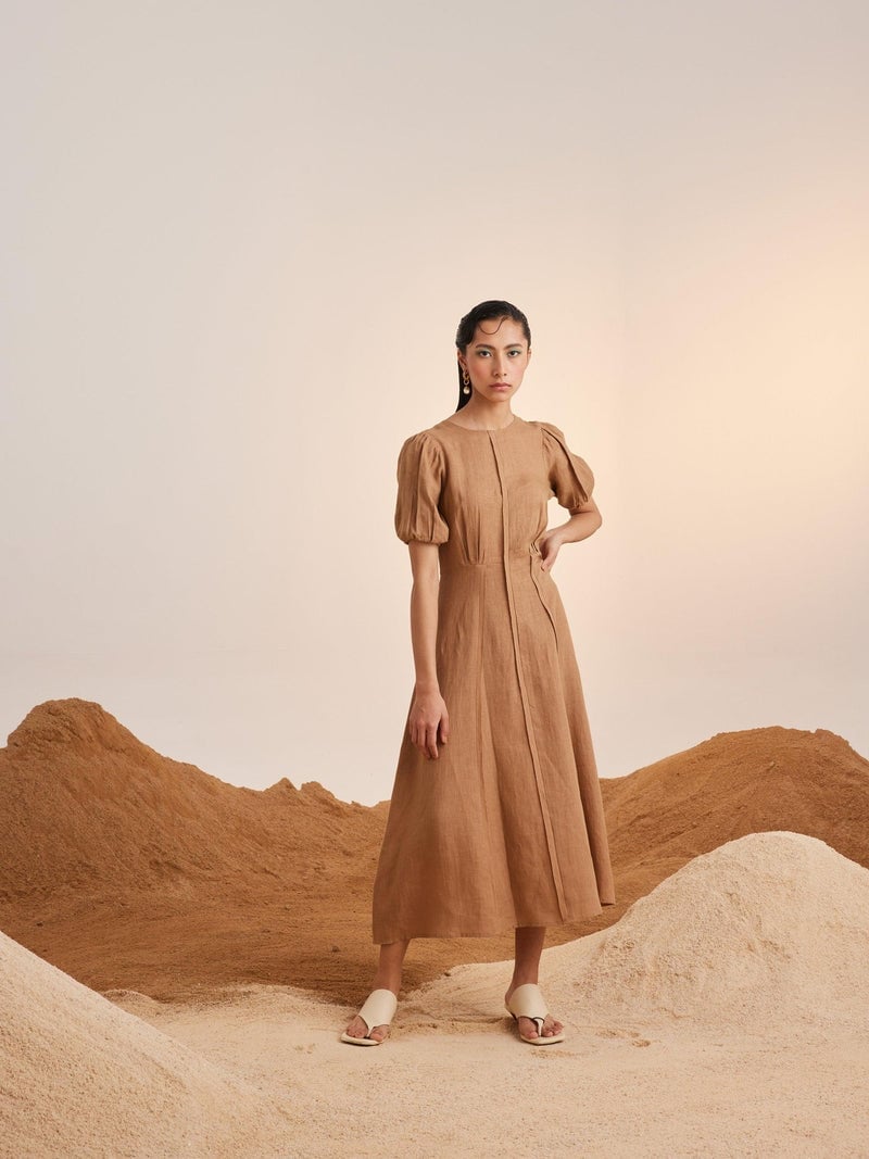 Tan A-line Midi Dress With Puff Sleeves — Trendy Necklines Dress