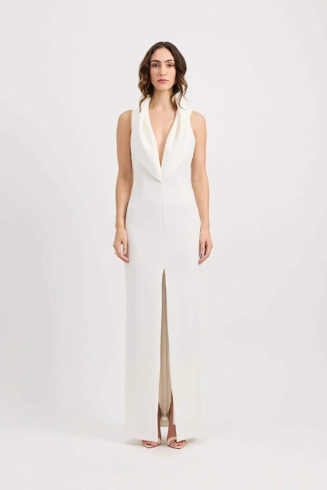 Ivory Plunging V-Neck Crepe Dress — Trendy Necklines Dress