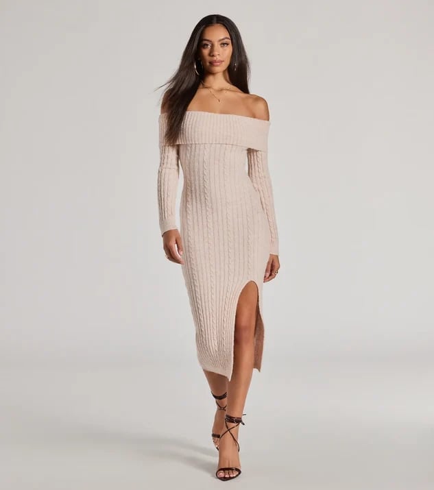 Beige Off-the-Shoulder Knit Dress — Trendy Necklines Dress