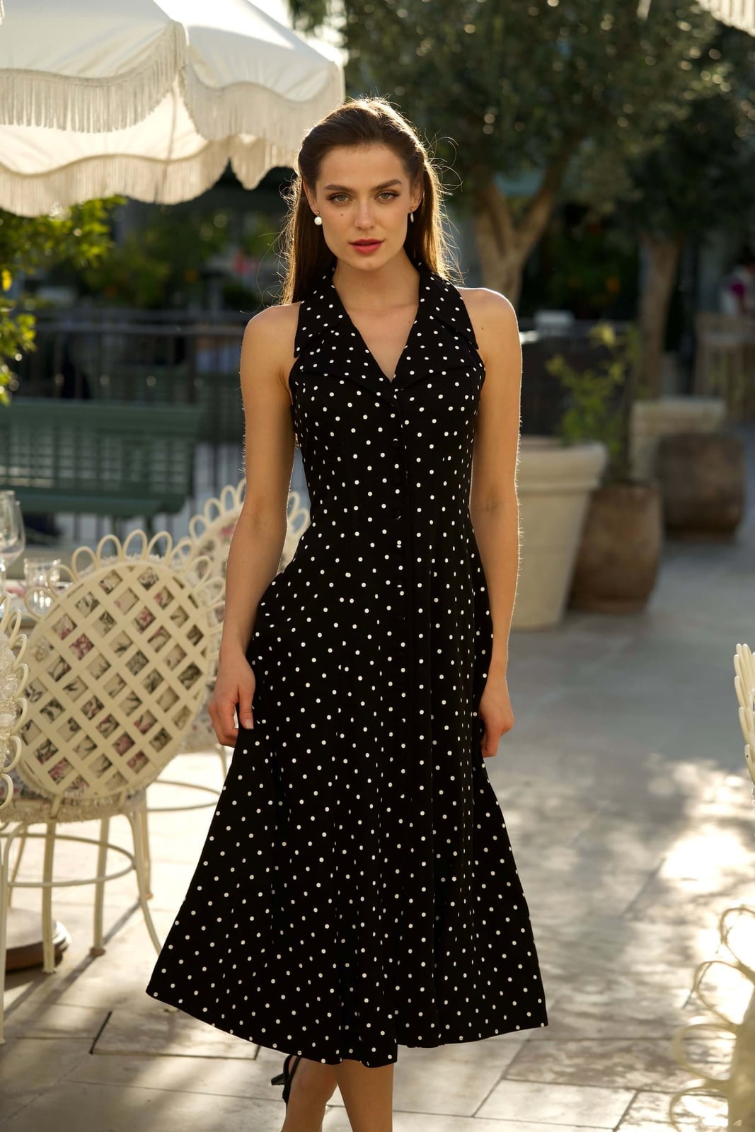 Polka Dot Halter Neck Dress With Pearl Earrings Polka Dot Halter Neck Dress With Pearl Earrings — Trendy Night Outfits