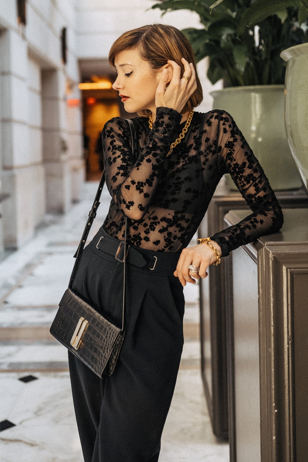 Sheer Floral Top With Pleated Trousers Sheer Floral Top With Pleated Trousers — Trendy Night Outfits