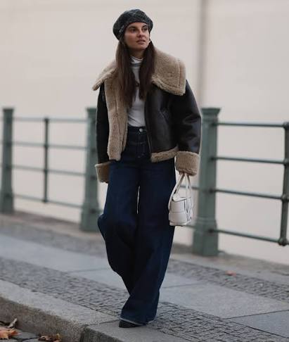 Shearling Jacket Over Turtleneck and Jeans Shearling Jacket Over Turtleneck and Jeans — Trendy Night Outfits