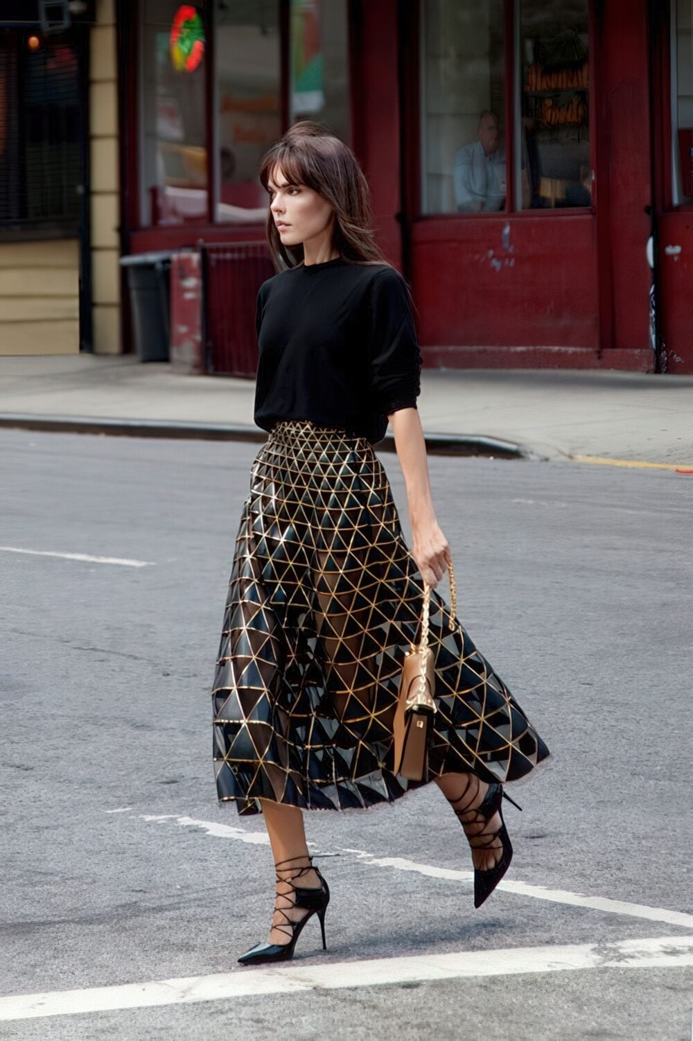Crew Neck Sweater With Geometric Print Midi Skirt Crew Neck Sweater With Geometric Print Midi Skirt — Trendy Night Outfits