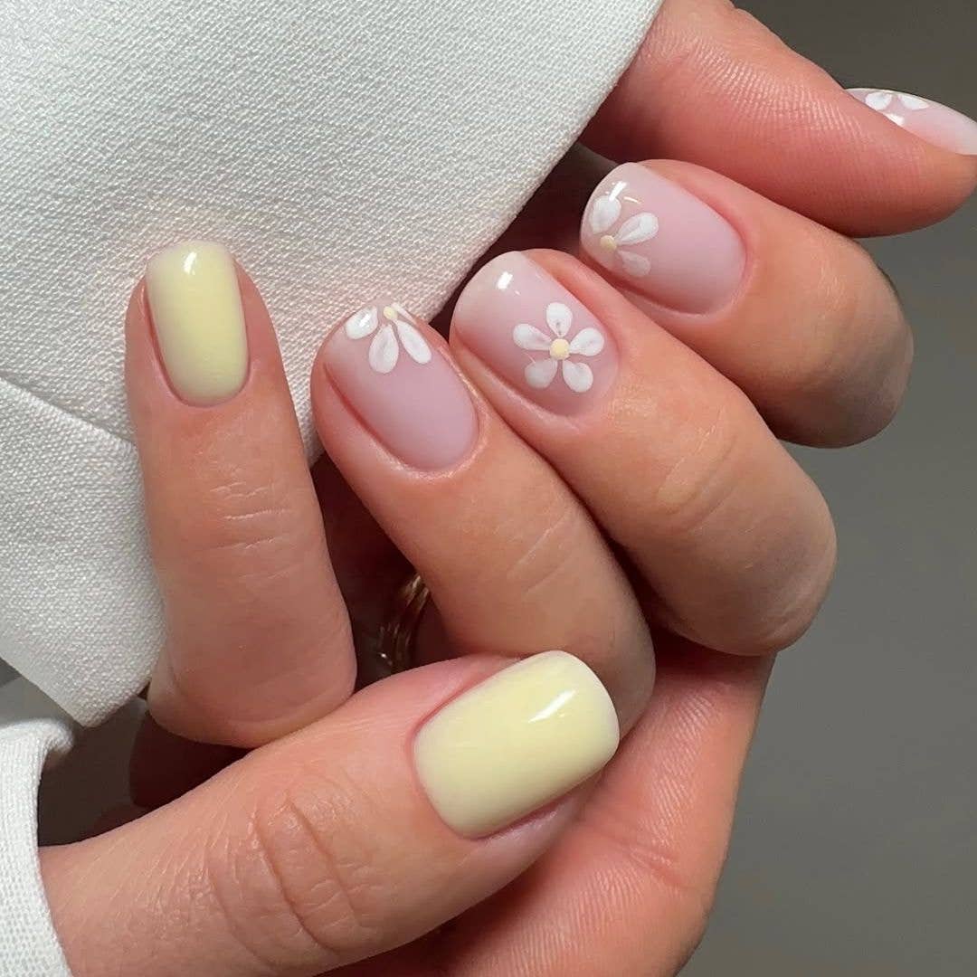 Short Square Pale Yellow Sheer Pink White Floral Nails Short Square Pale Yellow Sheer Pink White Floral Nails — Trendy Office Nails
