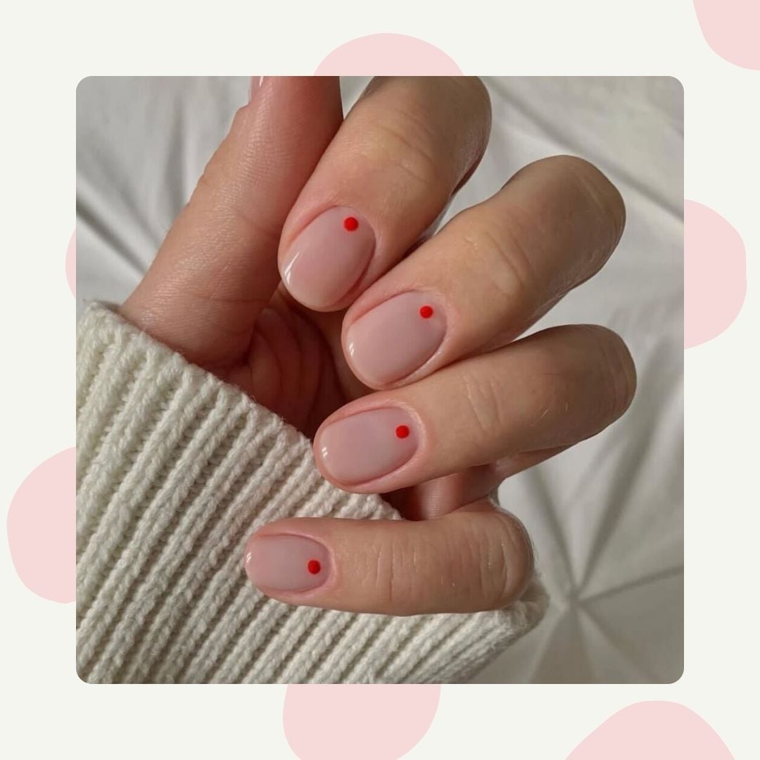 Short Square Sheer Nude with Red Dot Accent Nails Short Square Sheer Nude with Red Dot Accent Nails — Trendy Office Nails