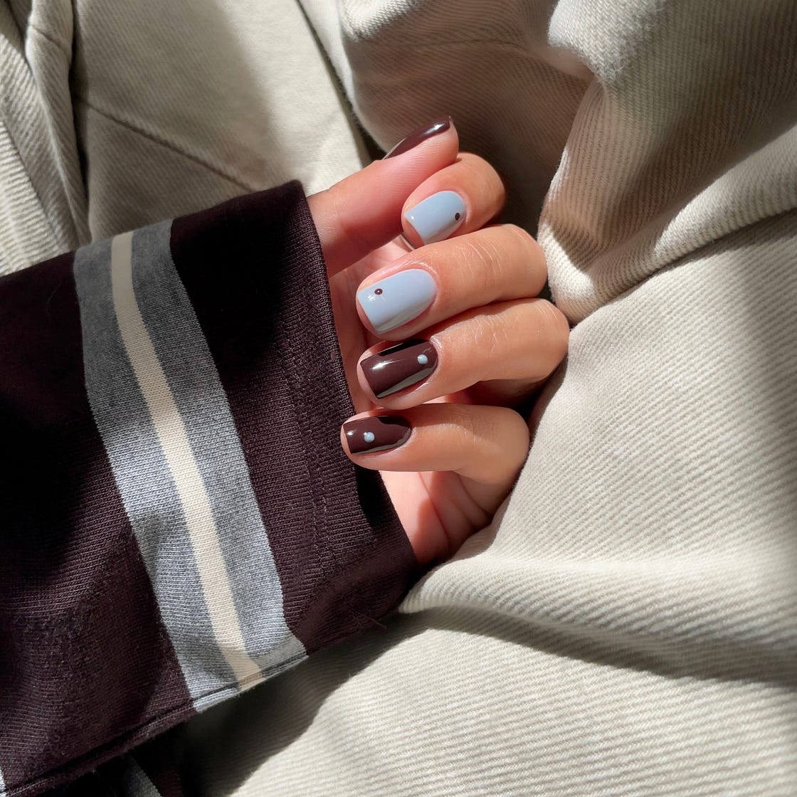 Short Square Light Blue Chocolate Brown Color Block Nails Short Square Light Blue Chocolate Brown Color Block Nails — Trendy Office Nails