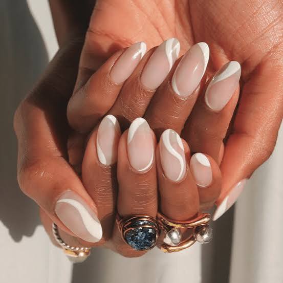 Short Almond Sheer Nude Abstract White Line Nails Short Almond Sheer Nude Abstract White Line Nails — Trendy Office Nails
