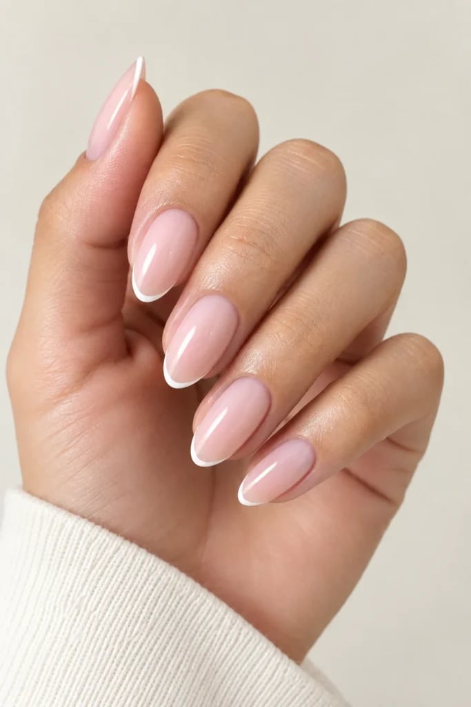 Medium Oval Sheer Pink with White Line Nails Medium Oval Sheer Pink with White Line Nails — Trendy Office Nails