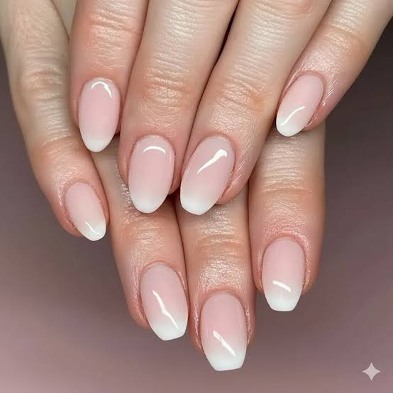 Medium Oval Sheer Pink to White Ombre Nails, Close-Up Take Medium Oval Sheer Pink to White Ombre Nails, Close-Up Take — Trendy Office Nails