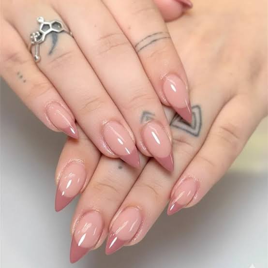 Medium Stiletto Muted Pink Modern French Nails Medium Stiletto Muted Pink Modern French Nails — Trendy Office Nails