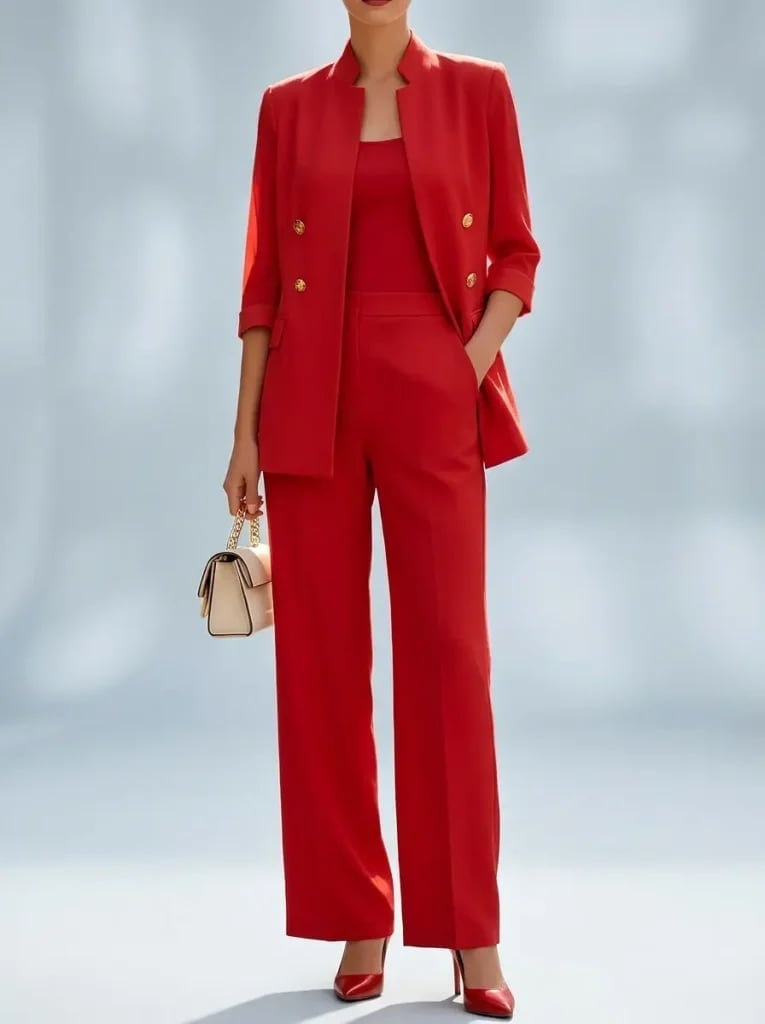 Vibrant Red Monochromatic Suit for a Powerful Office, Close-Up Take — Trendy Office Outfits
